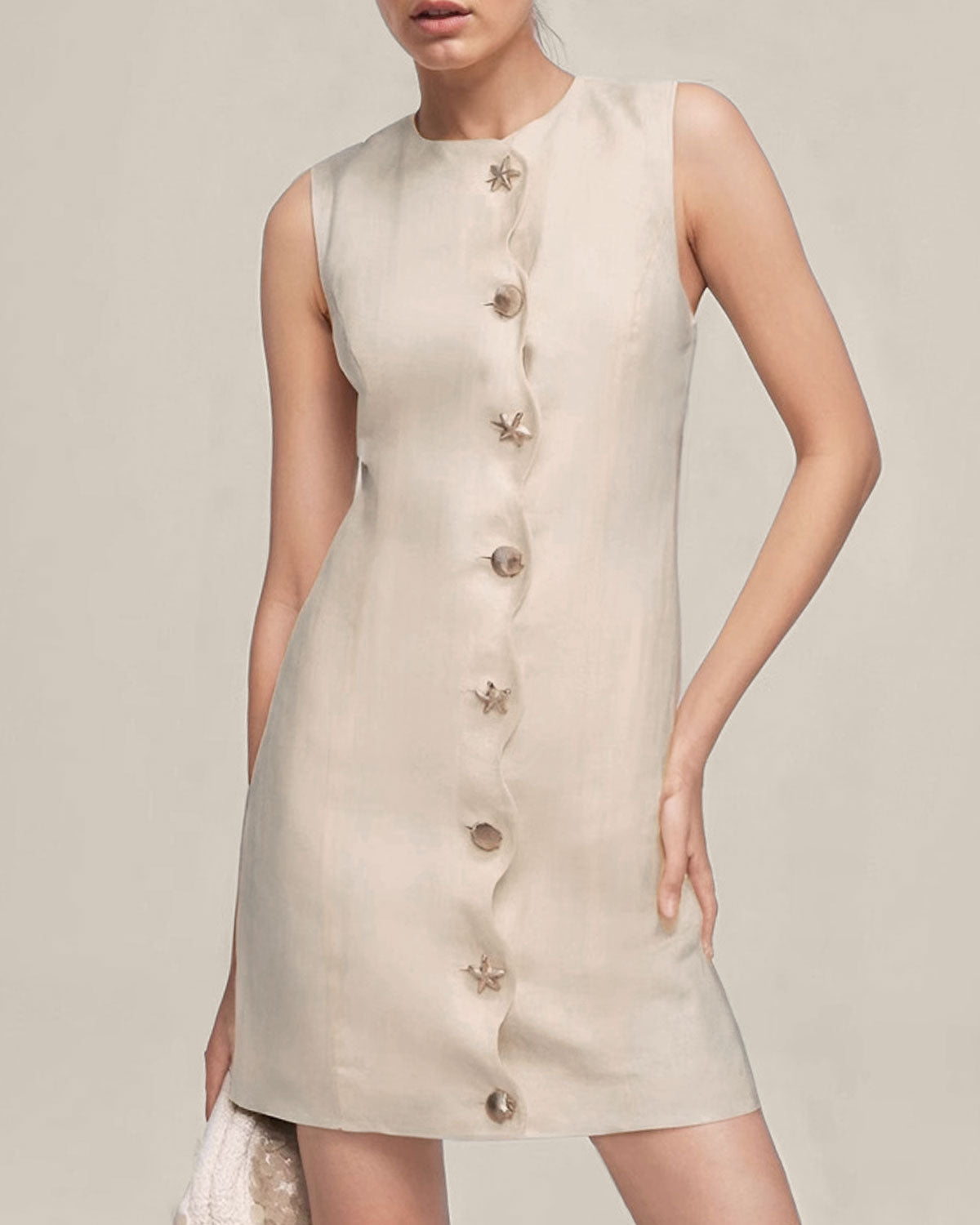 Yellow Round Neck Button Sleeveless Mini Dress - Threadford