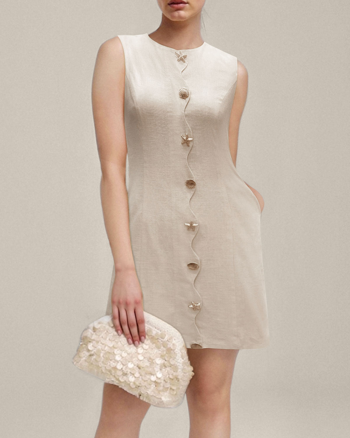 Yellow Round Neck Button Sleeveless Mini Dress - Threadford