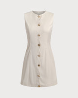 Yellow Round Neck Button Sleeveless Mini Dress - Threadford