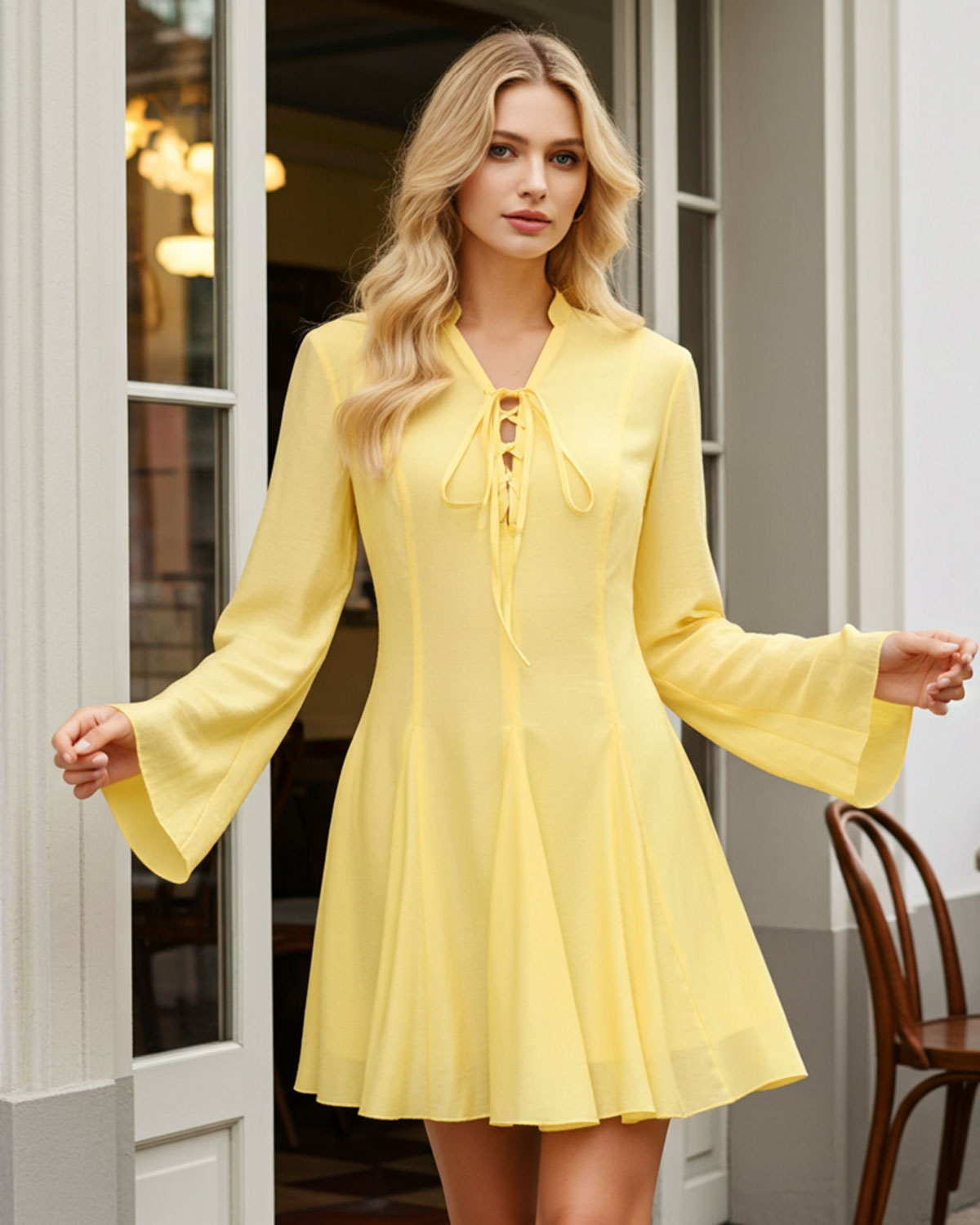 Yellow Bell Sleeve A-Line Mini Dress - Threadford