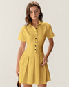 Yellow Button Pleated Mini Dress - Threadford