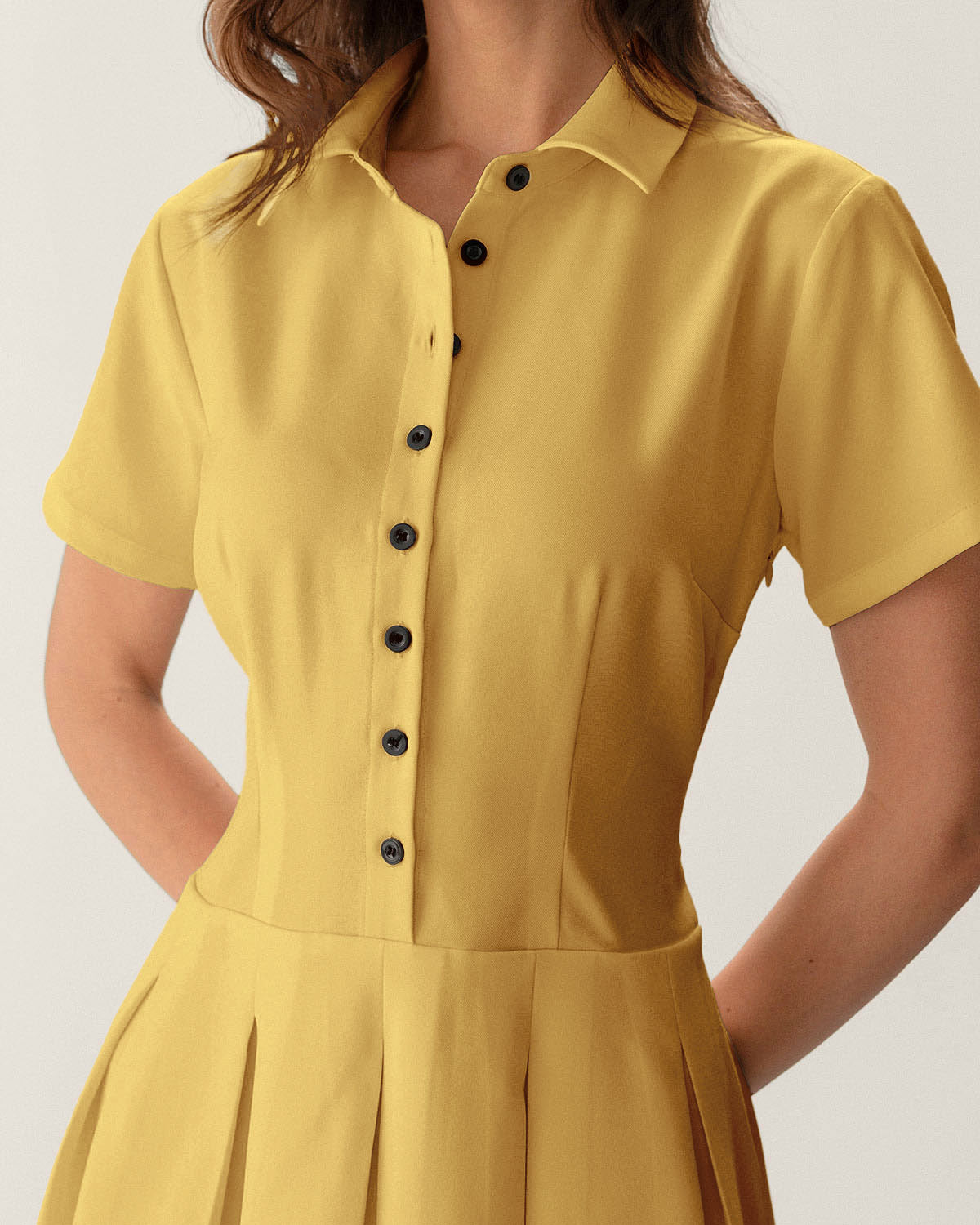 Yellow Button Pleated Mini Dress - Threadford