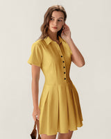 Yellow Button Pleated Mini Dress - Threadford
