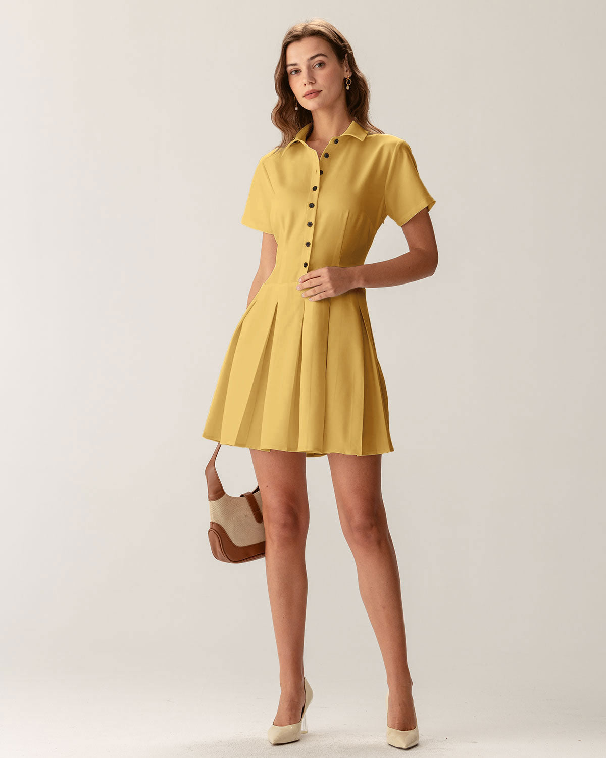 Yellow Button Pleated Mini Dress - Threadford