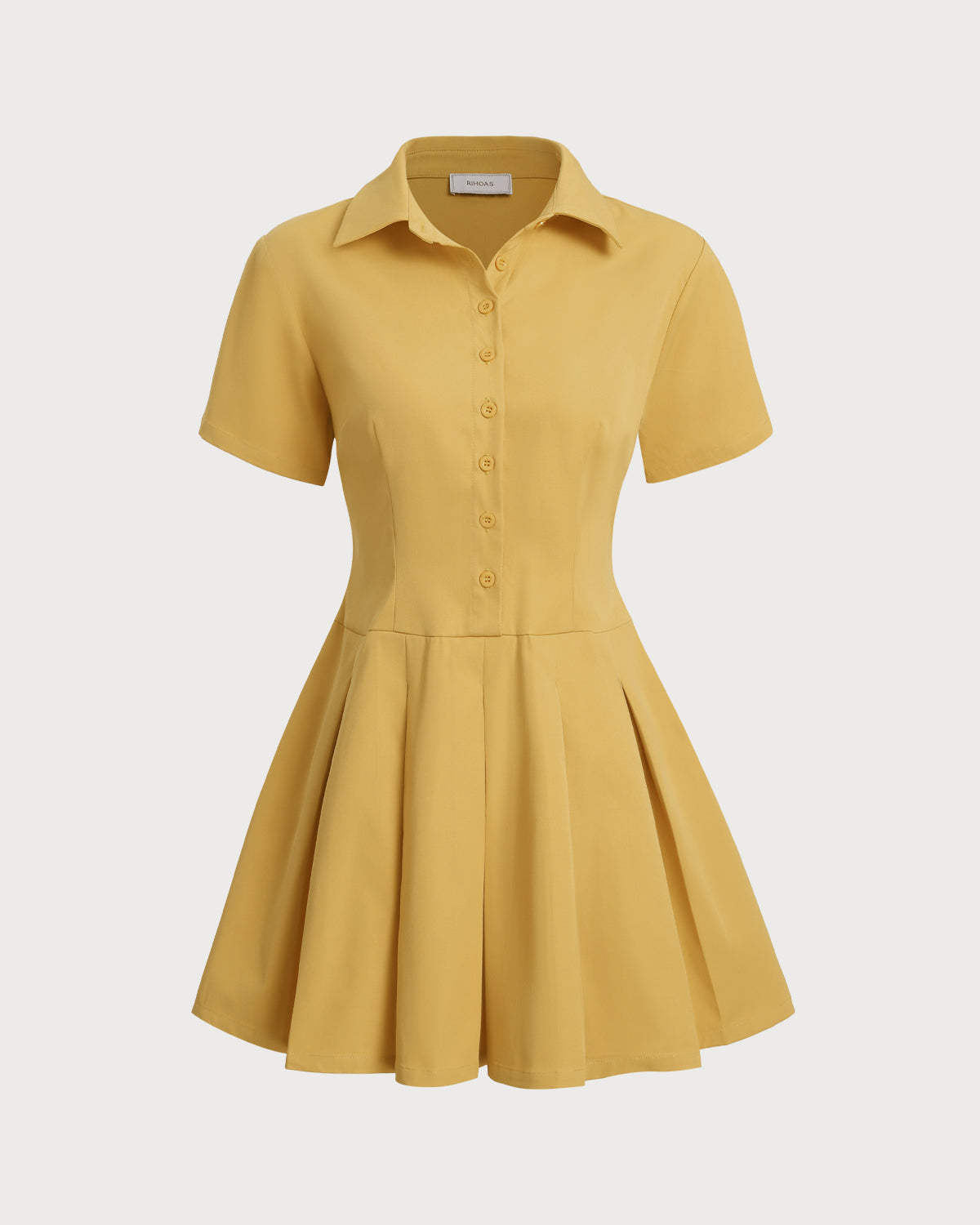 Yellow Button Pleated Mini Dress - Threadford
