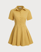 Yellow Button Pleated Mini Dress - Threadford