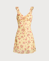 Yellow Floral Ruffle Sleeveless Mini Dress - Threadford