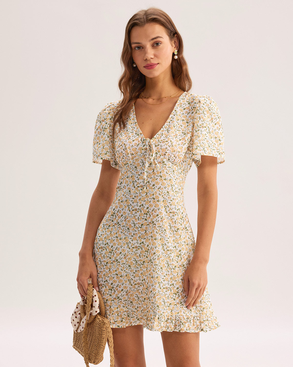 Yellow Floral V-Neck Mini Dress - Threadford