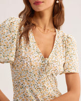 Yellow Floral V-Neck Mini Dress - Threadford