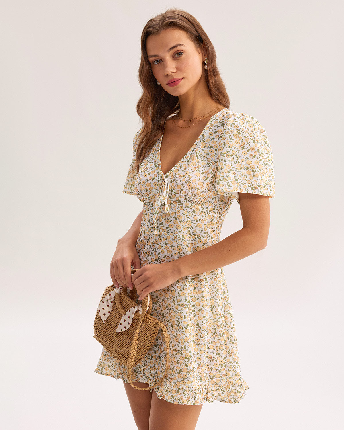 Yellow Floral V-Neck Mini Dress - Threadford