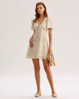 Yellow Floral V-Neck Mini Dress - Threadford