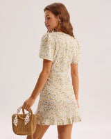 Yellow Floral V-Neck Mini Dress - Threadford