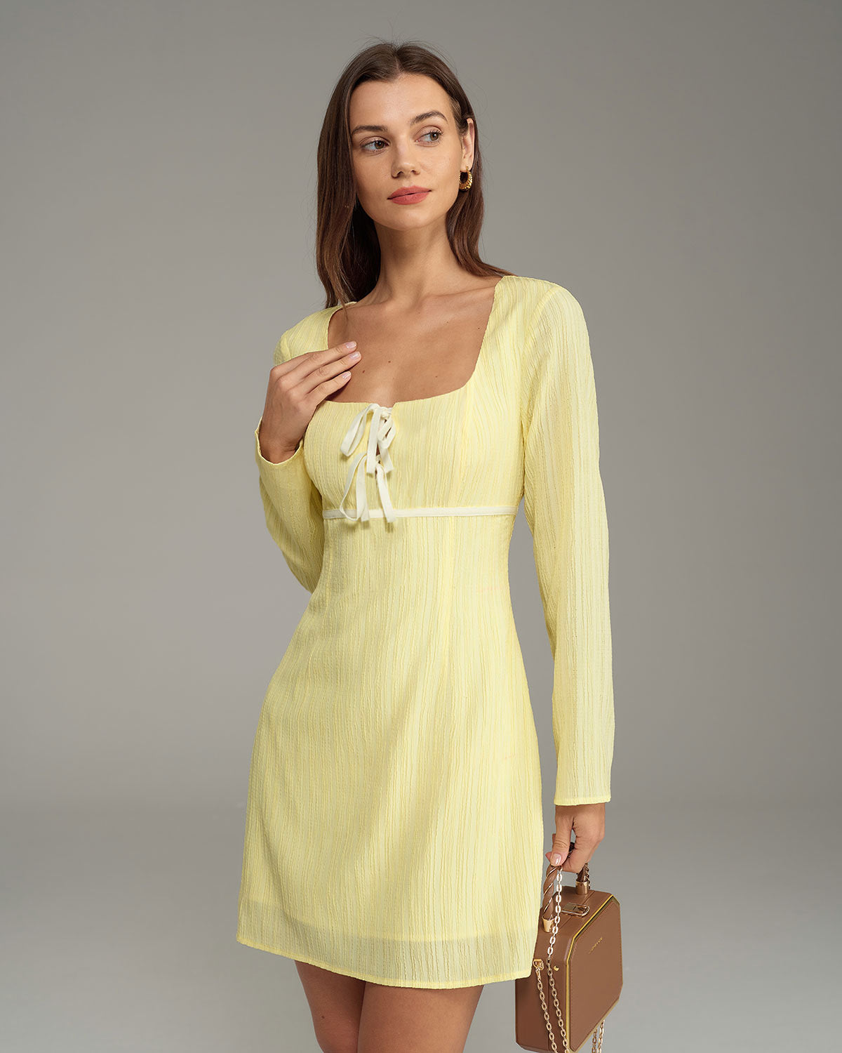 Yellow Square Neck A-Line Mini Dress - Threadford