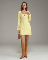 Yellow Square Neck A-Line Mini Dress - Threadford