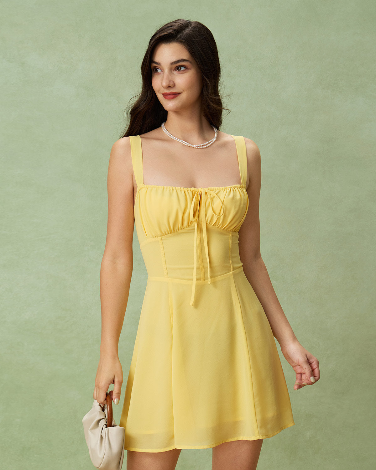 Yellow Square Neck Ruched Mini Dress - Threadford