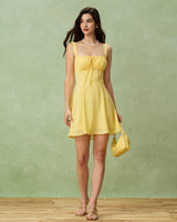 Yellow Square Neck Ruched Mini Dress - Threadford