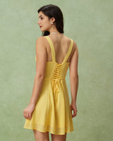 Yellow Square Neck Ruched Mini Dress - Threadford