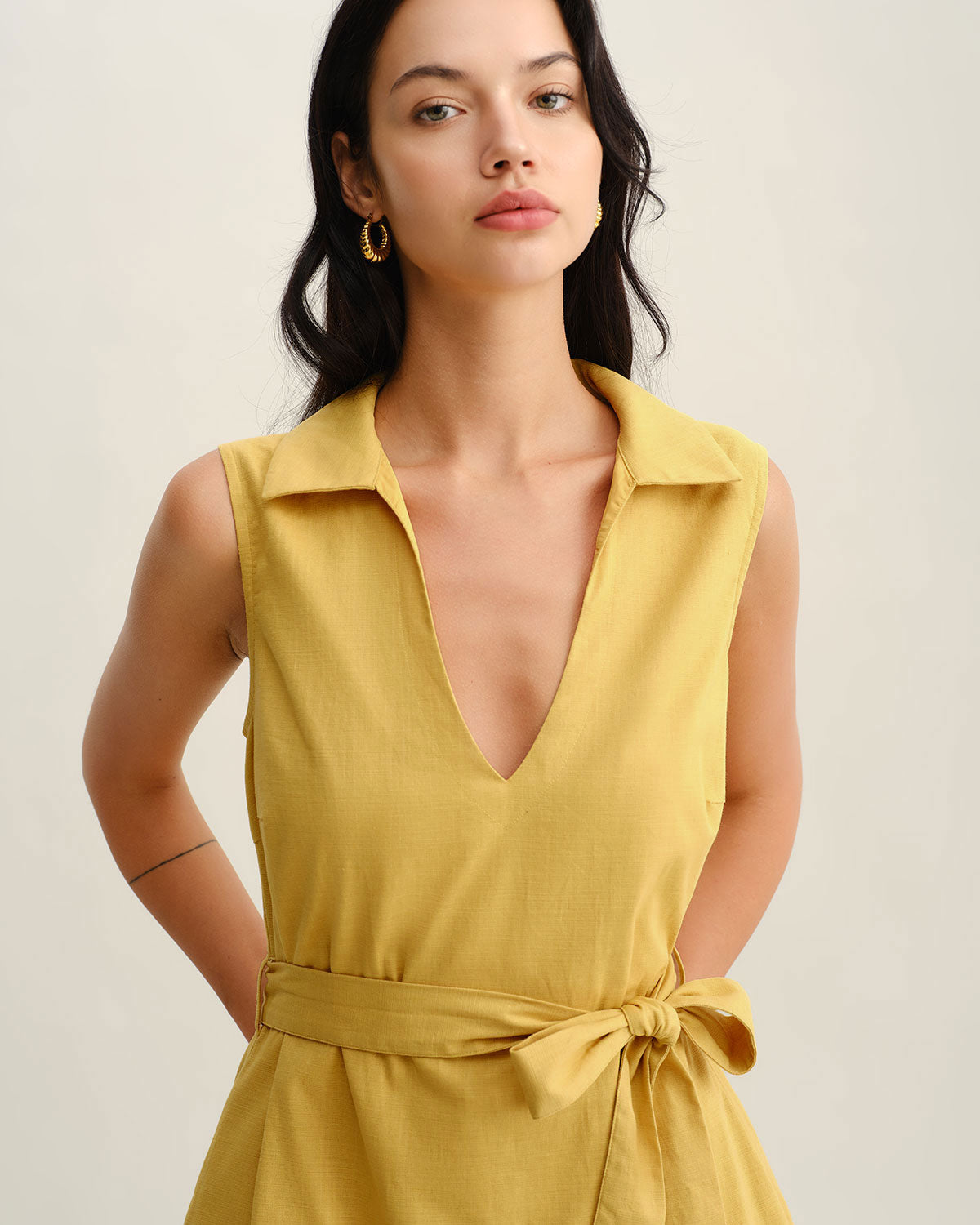 Yellow Tie Waist Sleeveless Mini Dress - Threadford