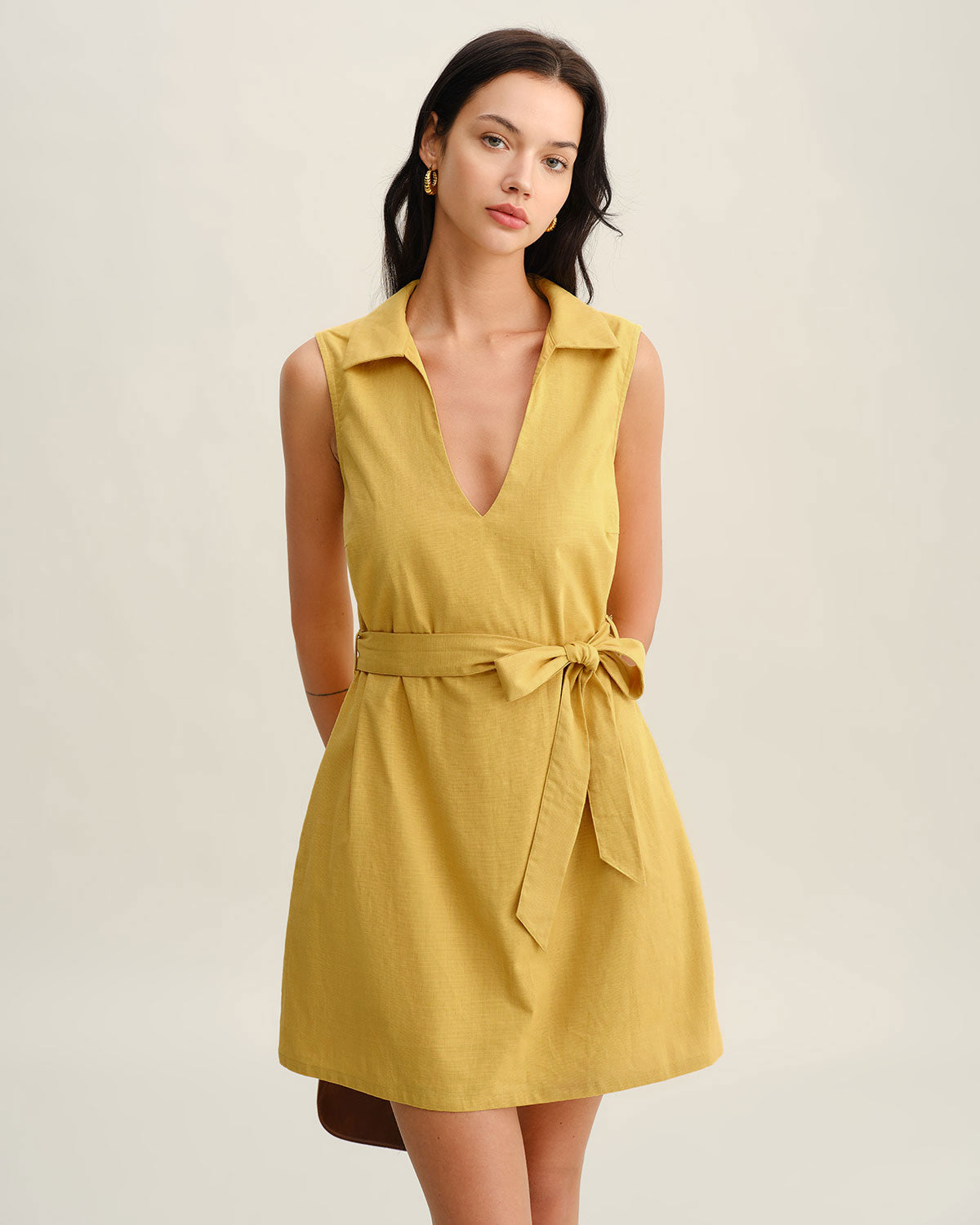 Yellow Tie Waist Sleeveless Mini Dress - Threadford
