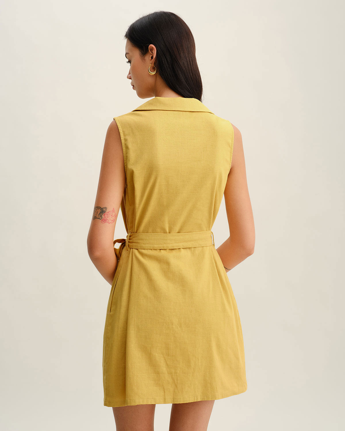 Yellow Tie Waist Sleeveless Mini Dress - Threadford