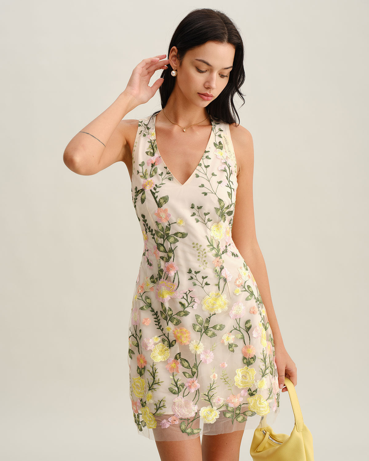 Yellow V Neck Floral Sleeveless Mini Dress - Threadford