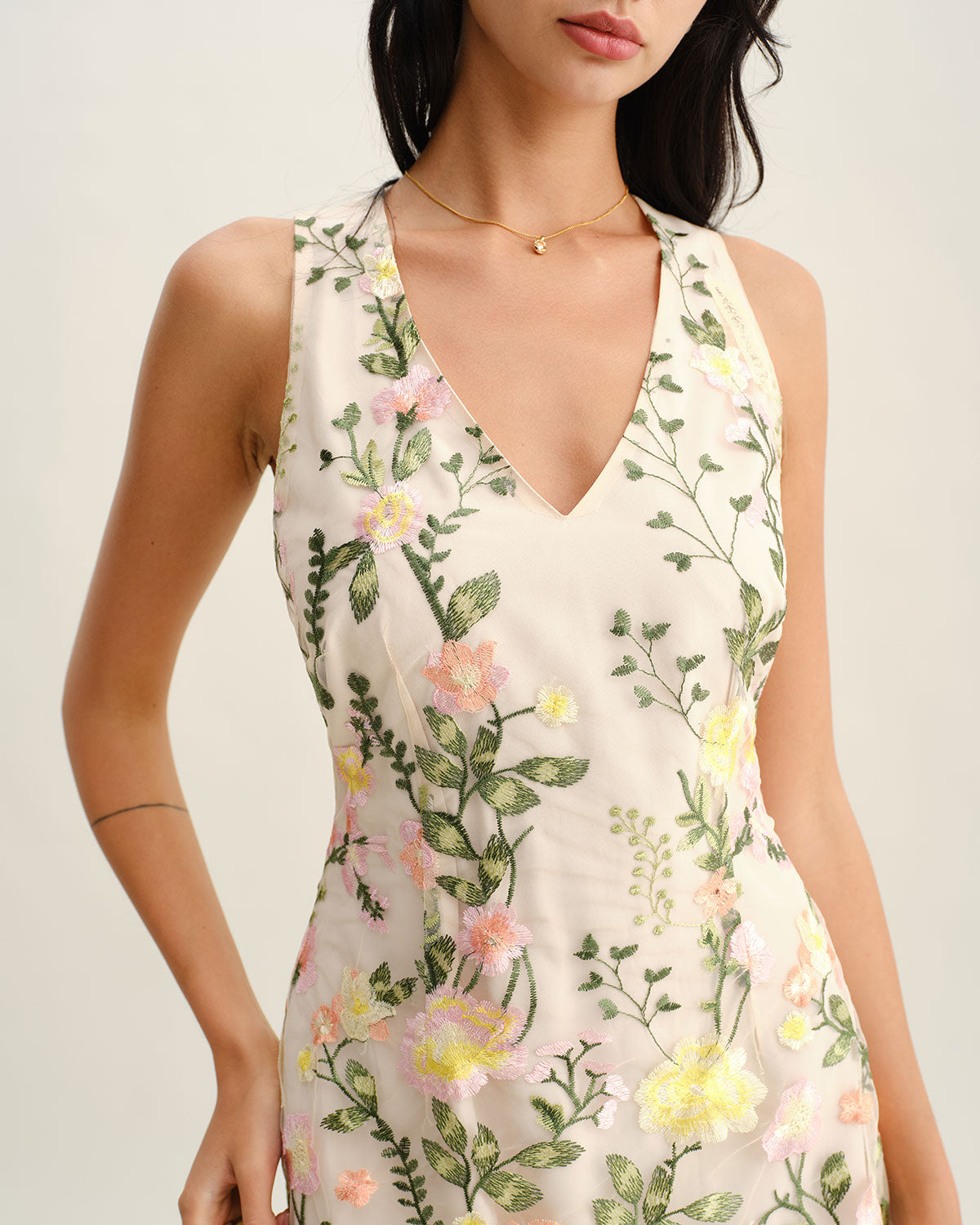 Yellow V Neck Floral Sleeveless Mini Dress - Threadford