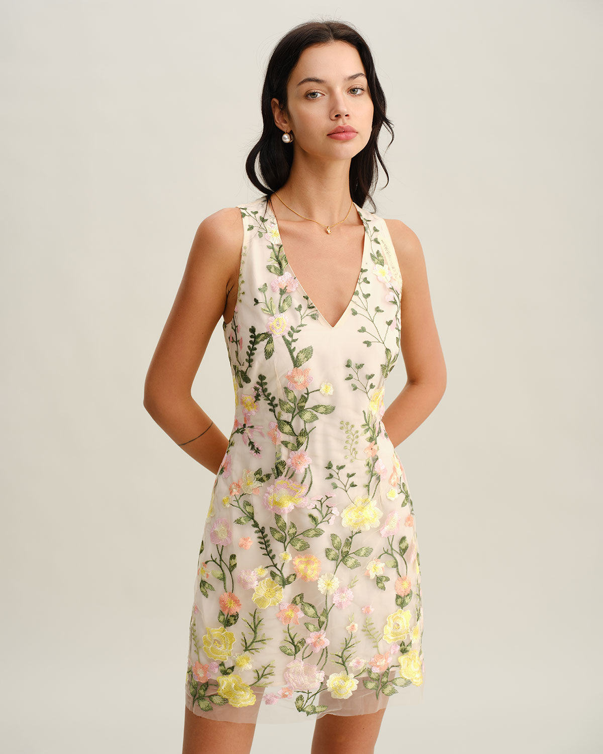 Yellow V Neck Floral Sleeveless Mini Dress - Threadford