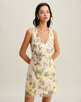 Yellow V Neck Floral Sleeveless Mini Dress - Threadford