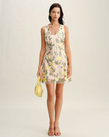Yellow V Neck Floral Sleeveless Mini Dress - Threadford