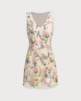 Yellow V Neck Floral Sleeveless Mini Dress - Threadford