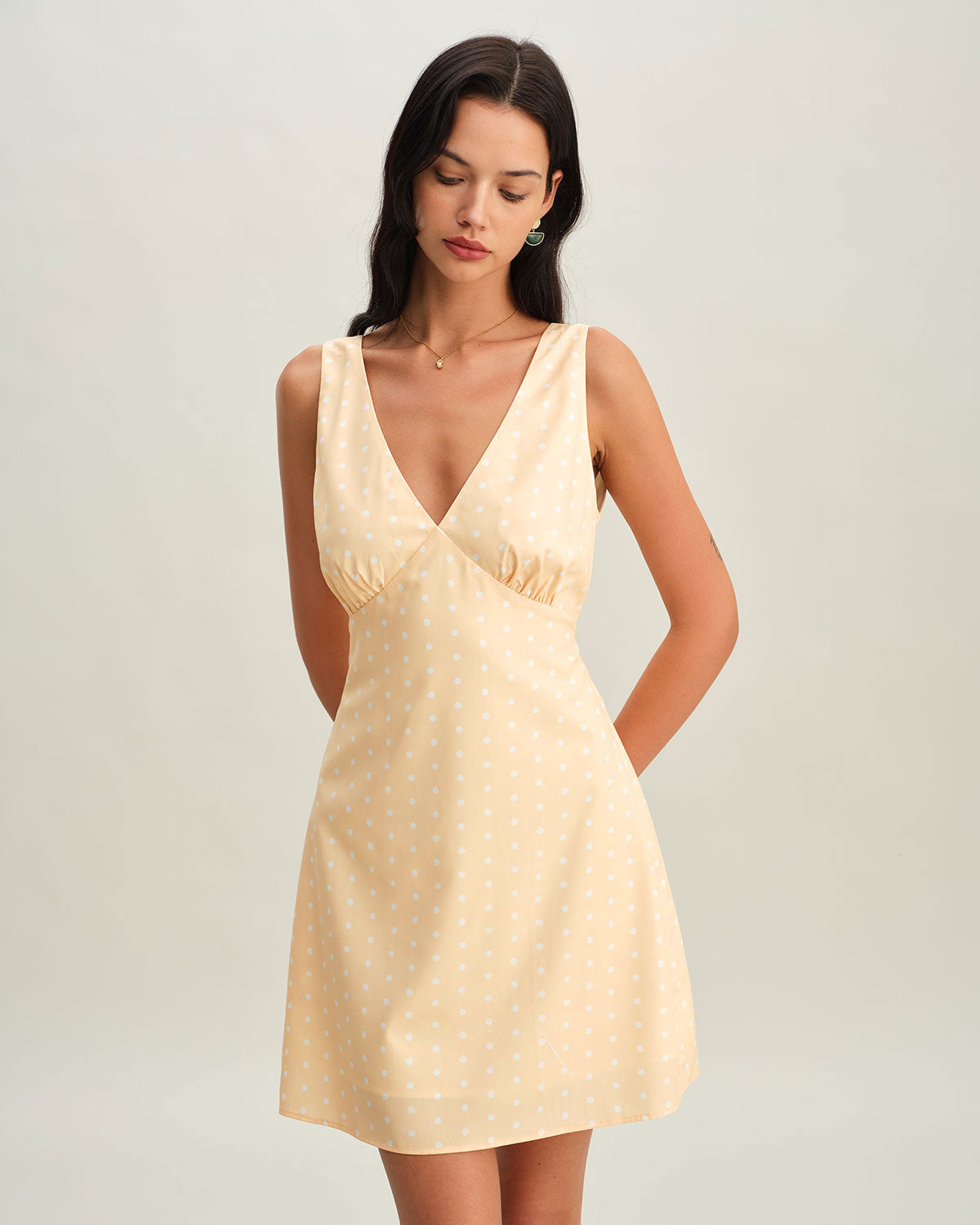 Yellow V Neck Polka Dot Sleeveless Mini Dress - Threadford