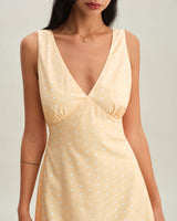 Yellow V Neck Polka Dot Sleeveless Mini Dress - Threadford