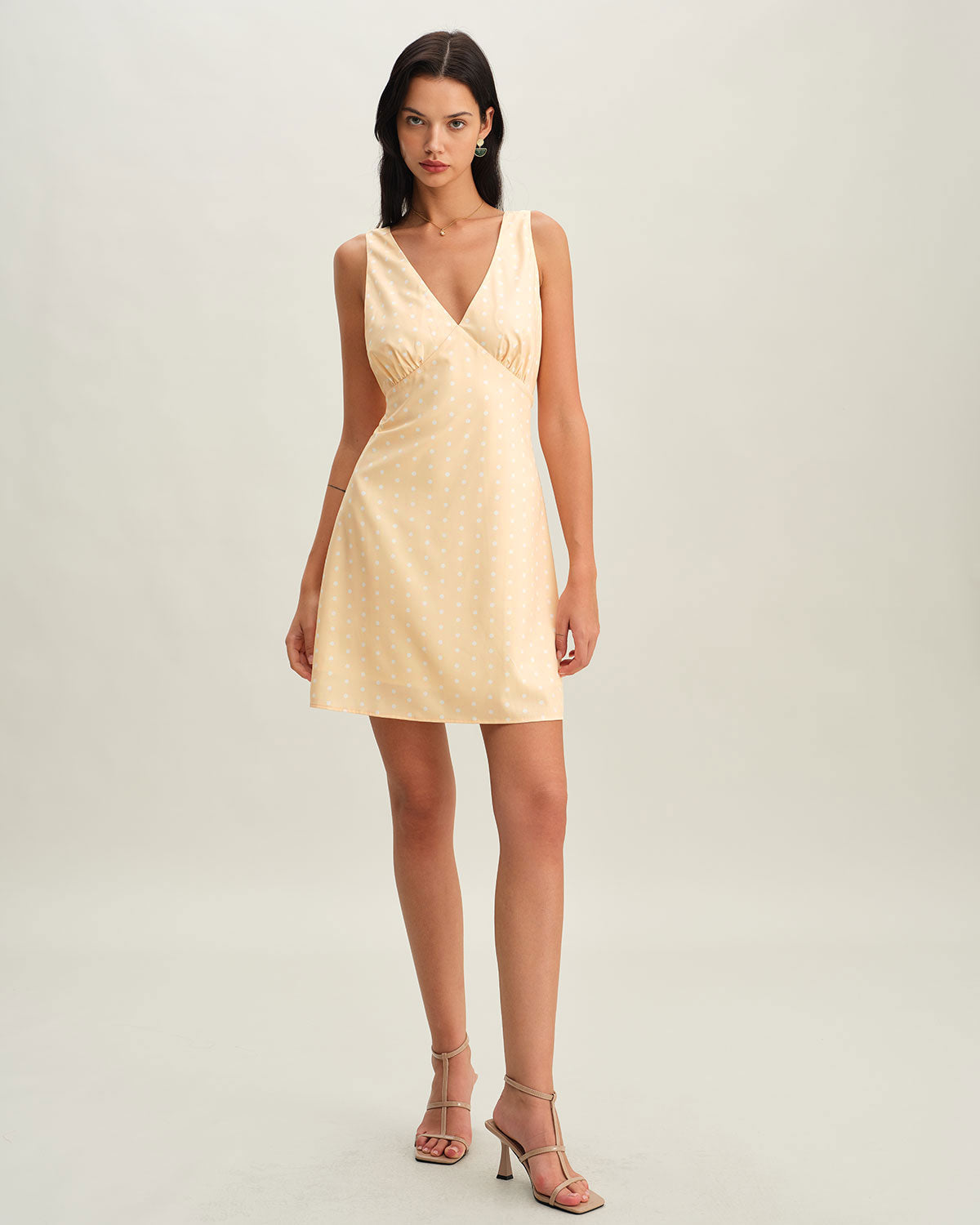 Yellow V Neck Polka Dot Sleeveless Mini Dress - Threadford