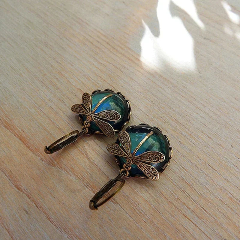 Vintage-Inspired Antique Gold Dragonfly Earrings - Threadford