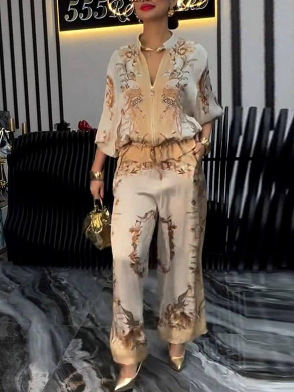 Classic And Stylish Unique Flower Print Elastic Pocket Pants - Threadford