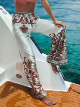 Exquisite Modern Feel Satin Unique Print Elastic Pocket Wide Leg Pants - Threadford
