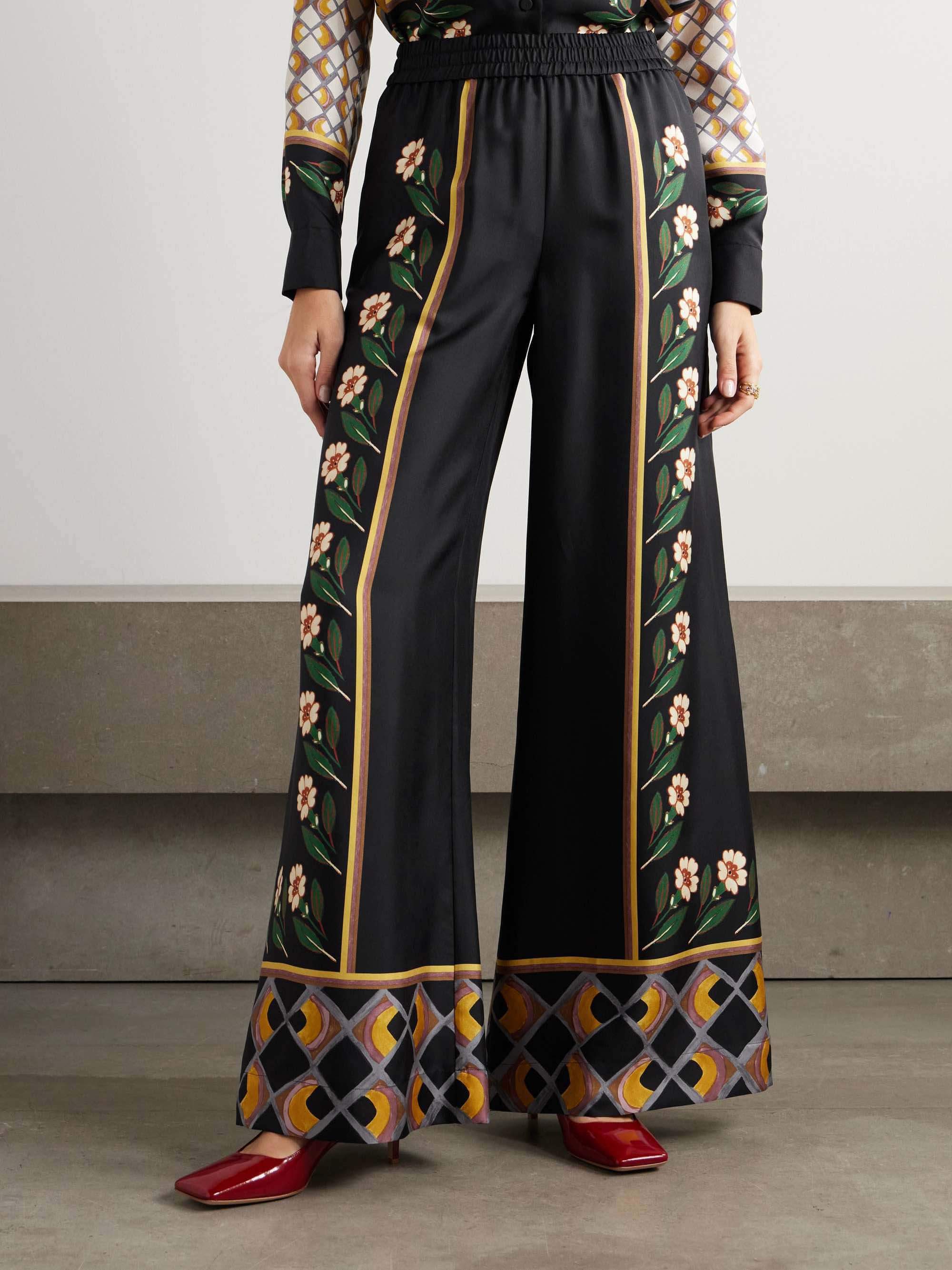 Unique Retro Print Tight Waist Wide Leg Pants - Threadford