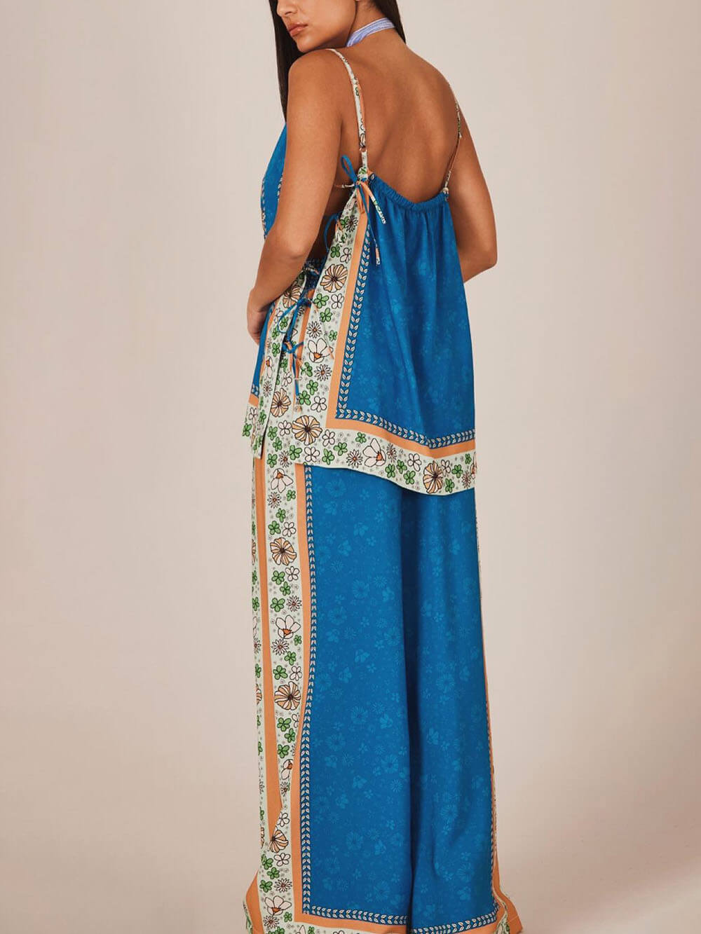Classic Unique Floral Print Elastic Waist Pocket Loose Wide Leg Pants - Threadford