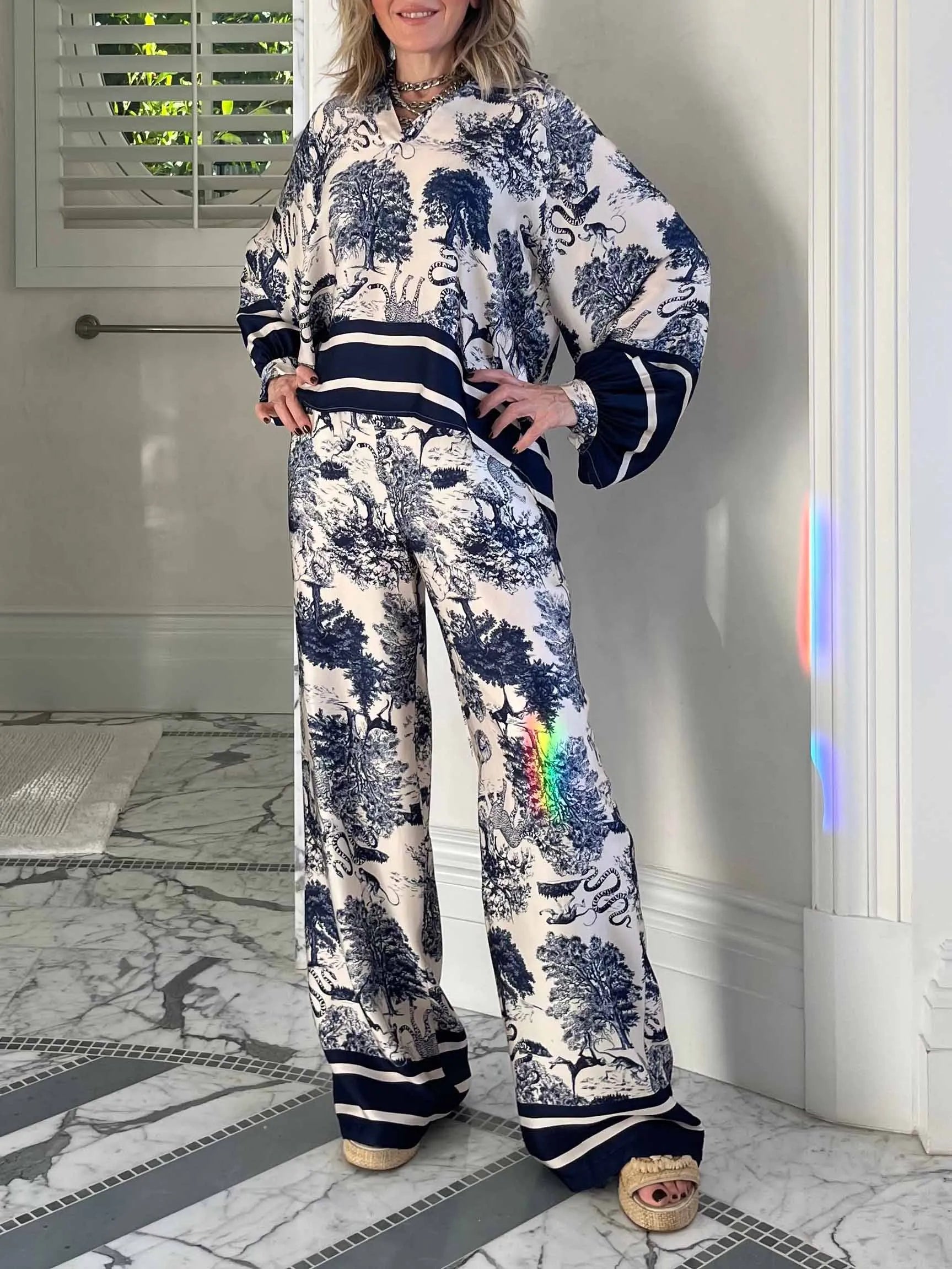 Satin Jungle Floral Print Loose Wide-Leg Pants - Threadford