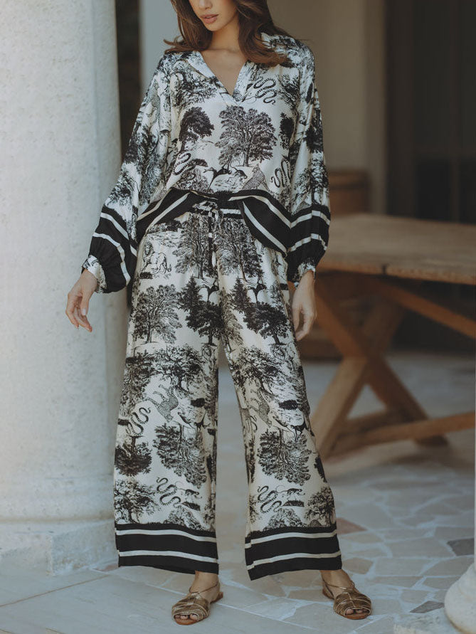 Satin Jungle Floral Print Loose Wide-Leg Pants - Threadford