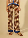 Unique Checkerboard Print Blue Stripe Splicing Loose Elastic Pants - Threadford