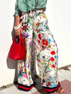 Floral Unique Print Elastic Waist Pocketed Wide Leg Pants - Threadford