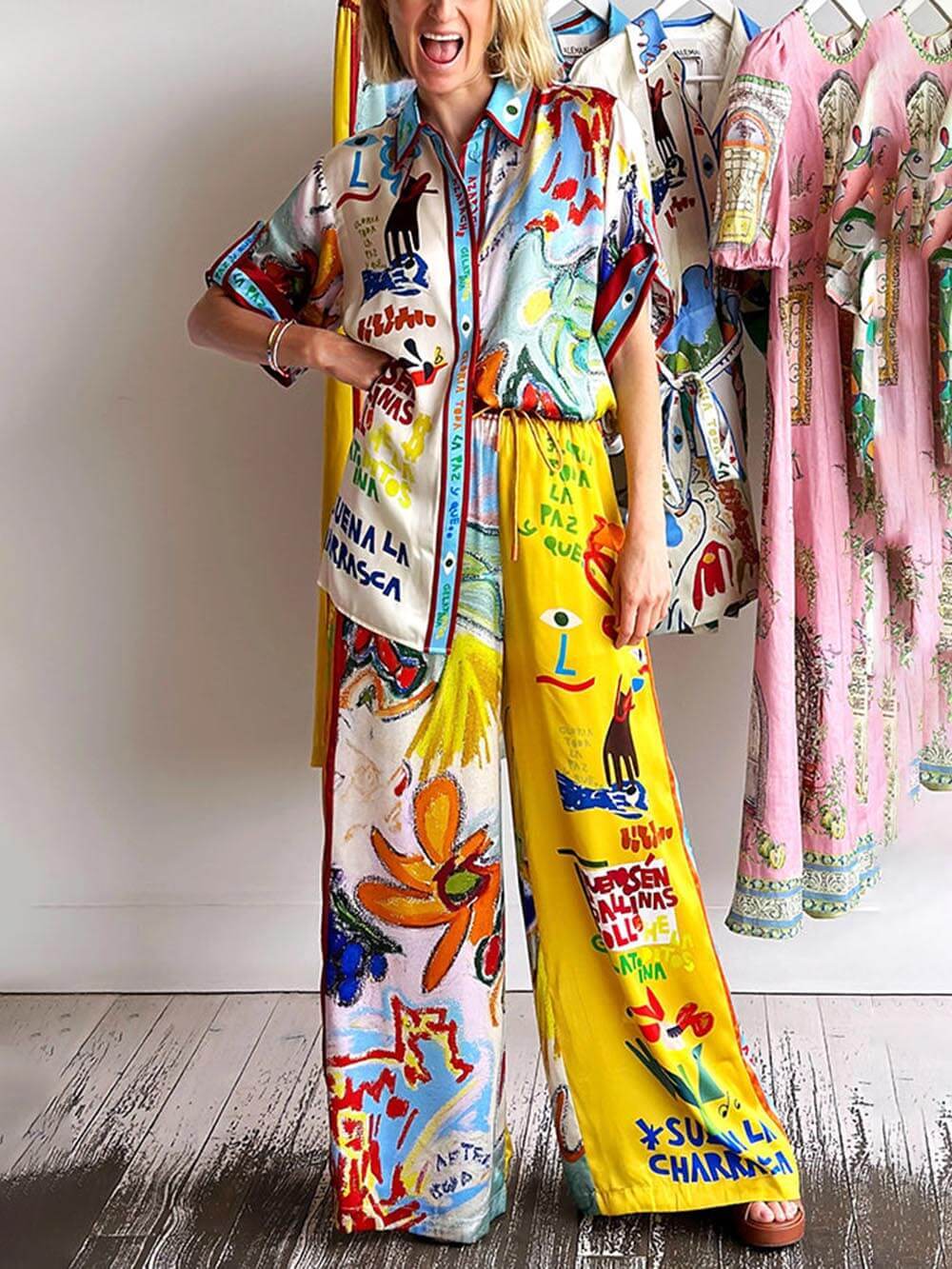 Unique Print Elastic Waist Pocket Pants - Threadford