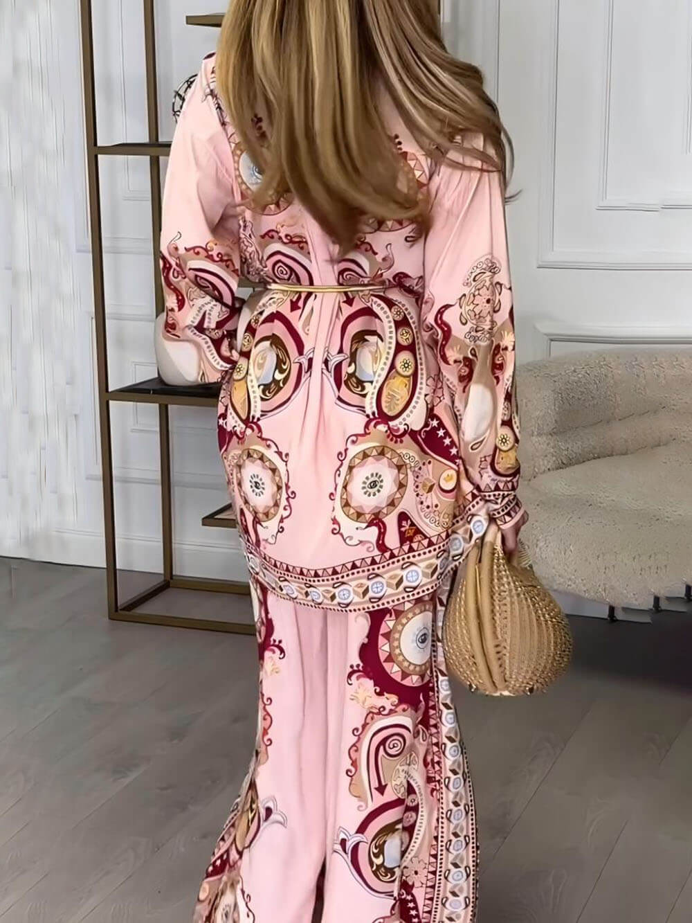 Modern And Exquisite Unique Satin Pattern Print Elastic Waist Loose Wide-Leg Pants - Threadford