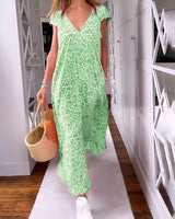 Véronique | Long V-Neck Dress with Short Sleeves in Leopard Print - Threadford