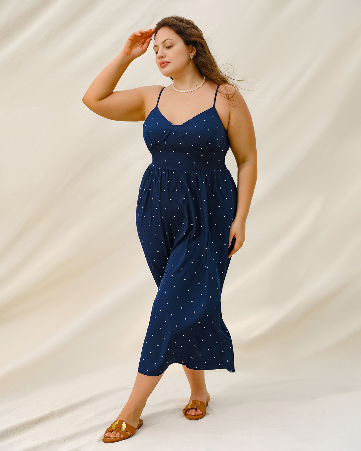 Navy Polka Dot Plus Size Slip Midi Dress - Threadford