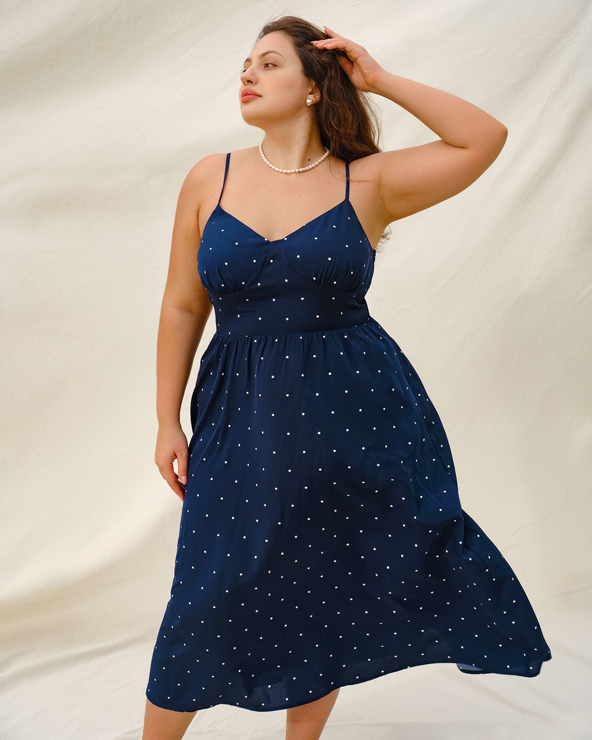 Navy Polka Dot Plus Size Slip Midi Dress - Threadford