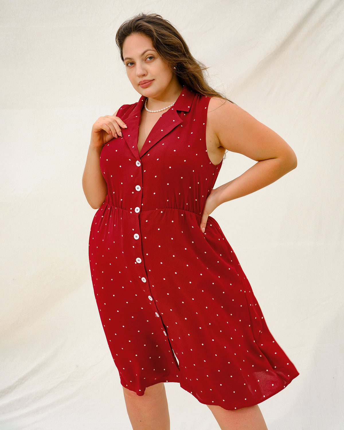 Red Polka Dot Plus Size Button Midi Dress - Threadford