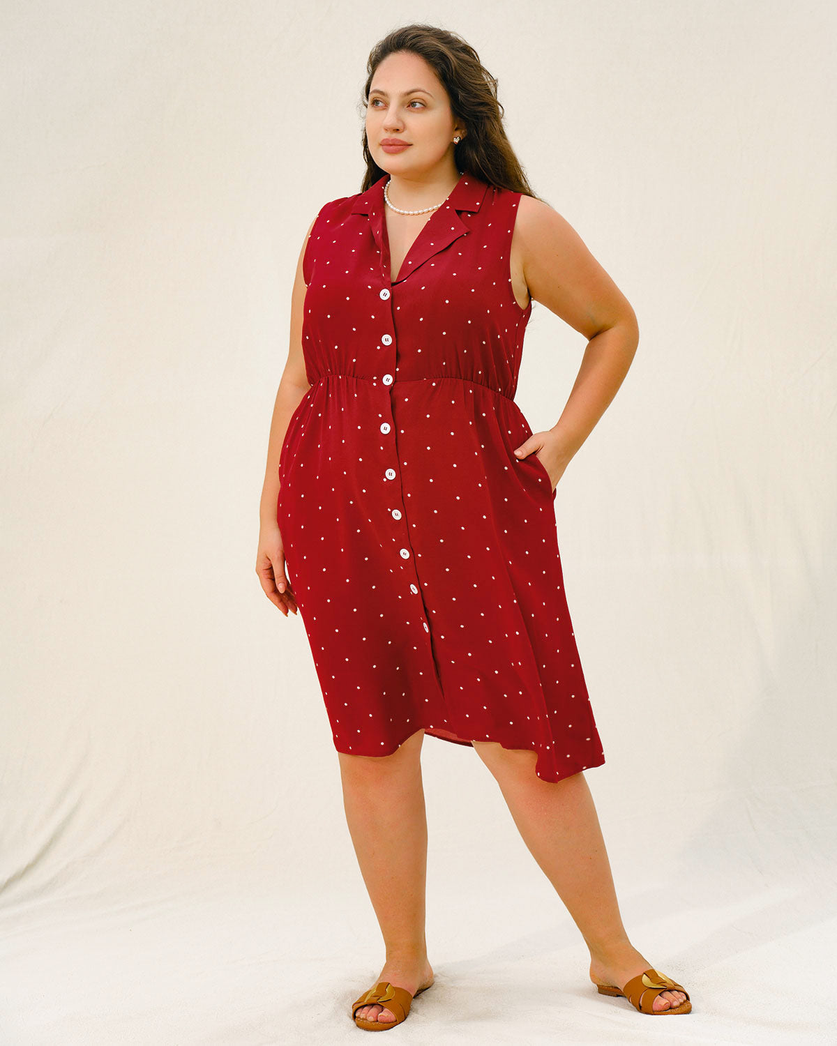Red Polka Dot Plus Size Button Midi Dress - Threadford