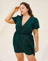 Green Puffed Sleeve Plus Size Mini Dress - Threadford